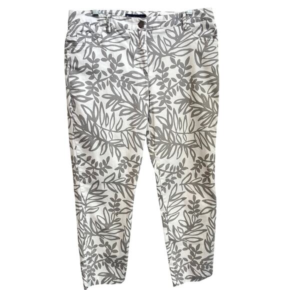 Elliott Lauren Pants - Elliott Lauren Leaf Print Pants Sz 8 Cropped Resort Chic Botanical White Gray